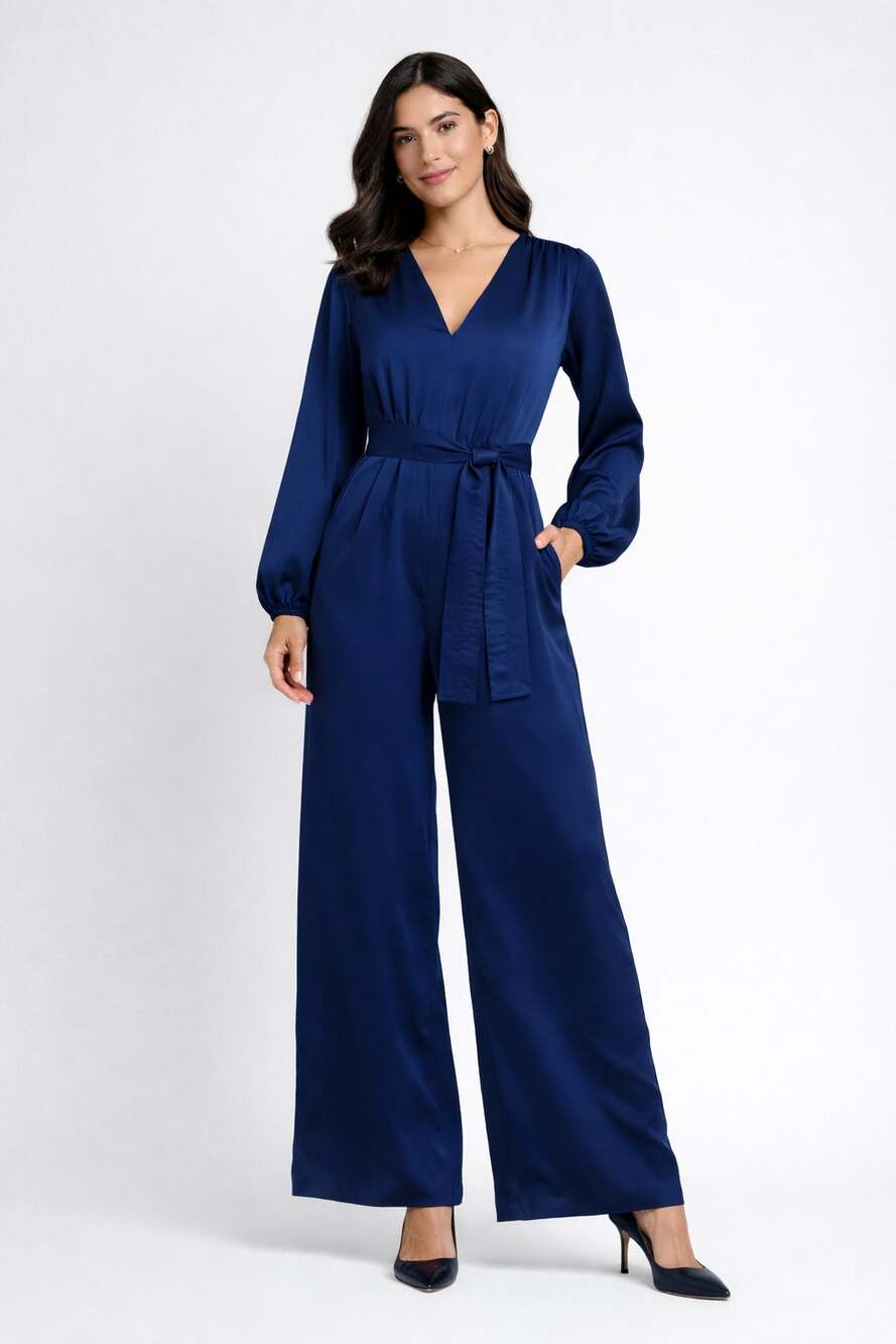 Ann Taylor V Neck Long Sleeve Satin Jumpsuit Deep Ocean Blue Womens Size 8 New